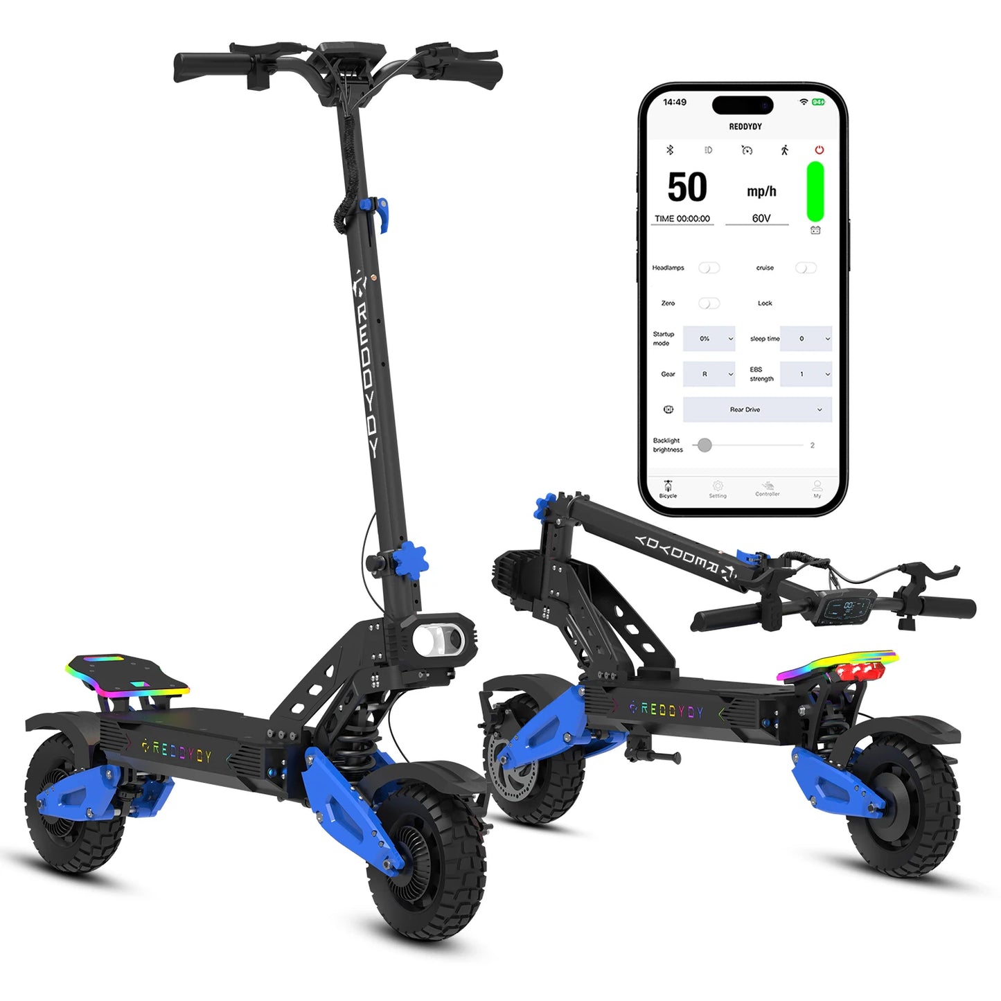 RD2 Adult Electric Offroad Scooter, 50 MPH Max speed 60V 25Ah, 55-Mile Long Range 10.5" Off-Road Tires, folk smart APP control