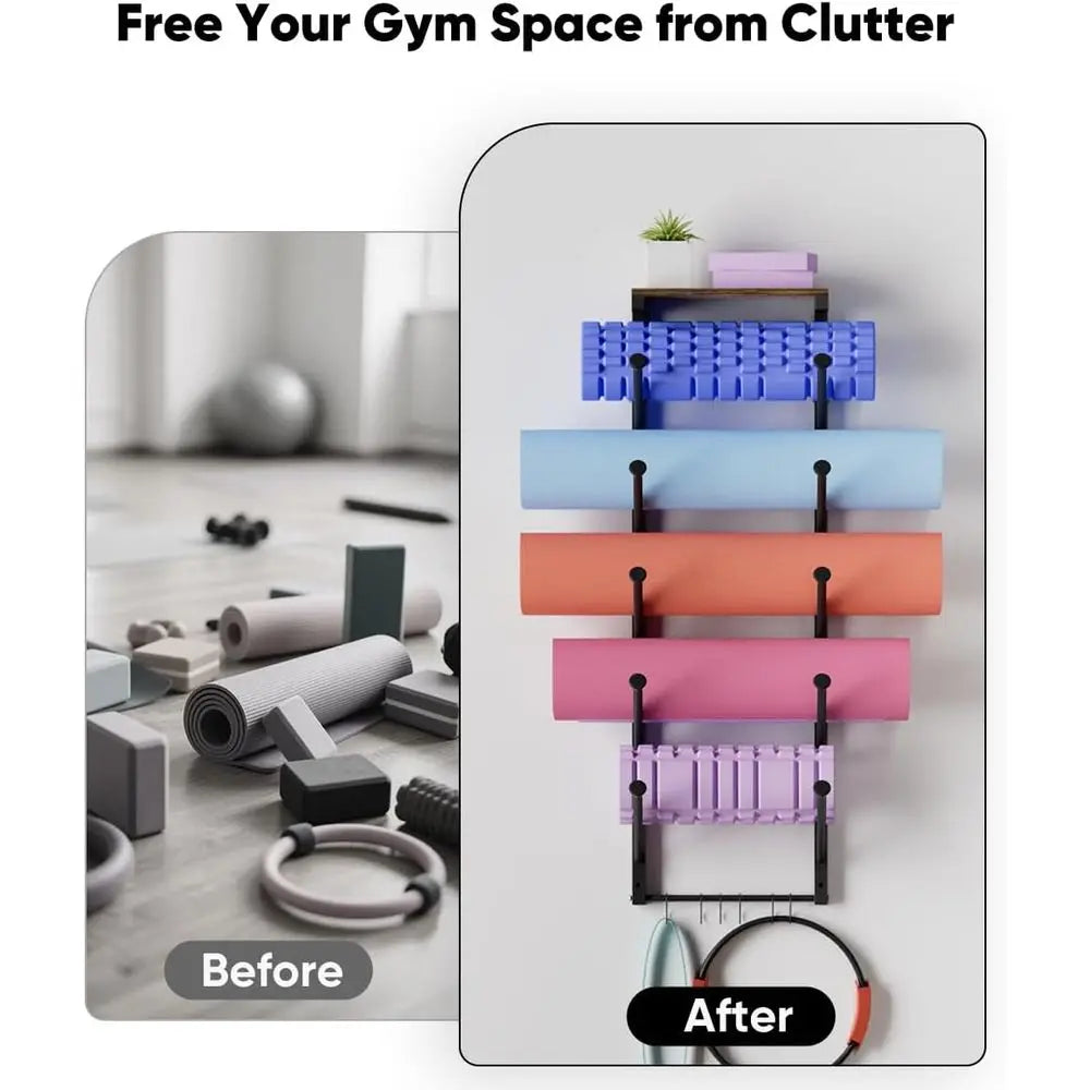 Wall Mounted Yoga Mat Holder With Floating Shelf For Home Gym