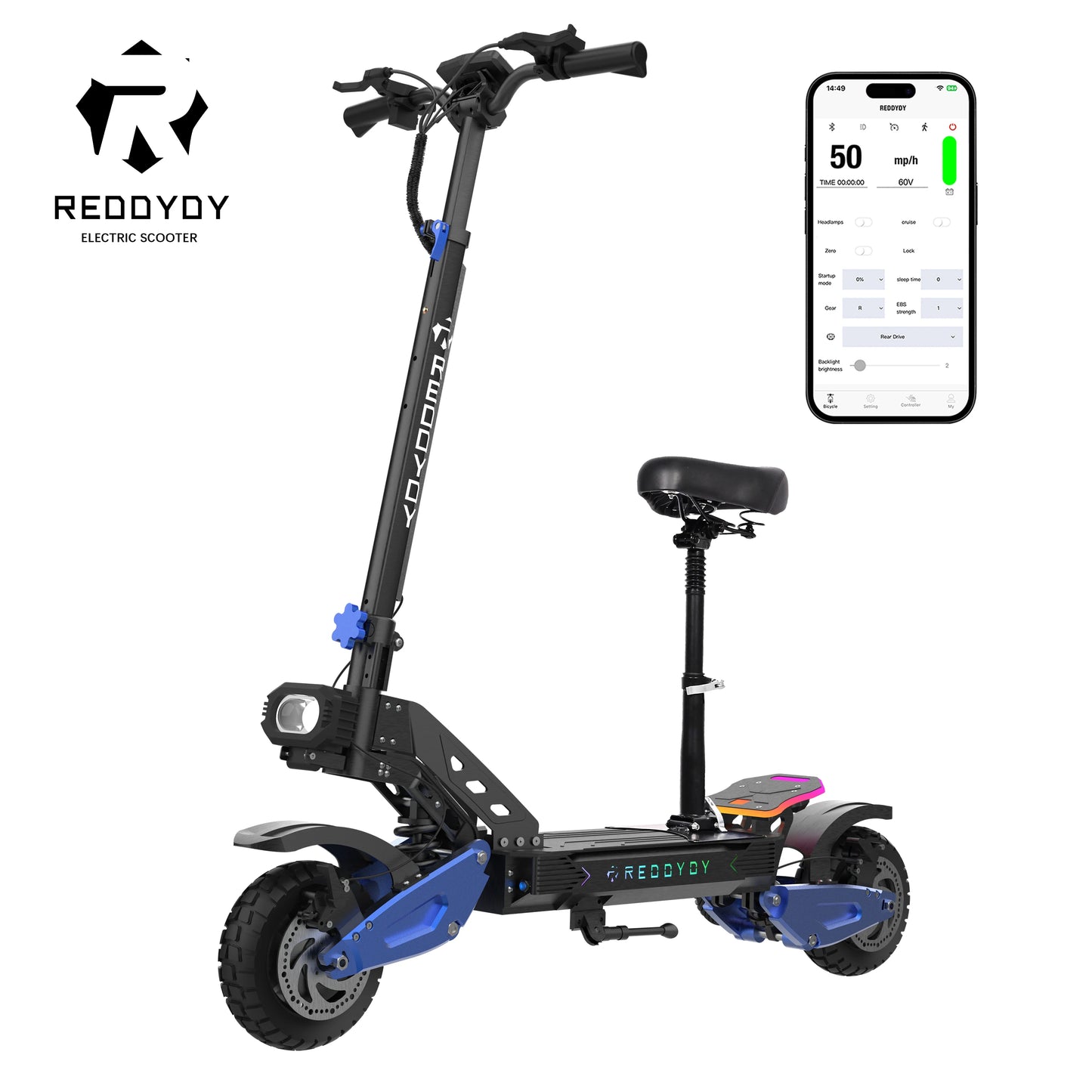 RD2 Adult Electric Offroad Scooter, 50 MPH Max speed 60V 25Ah, 55-Mile Long Range 10.5" Off-Road Tires, folk smart APP control