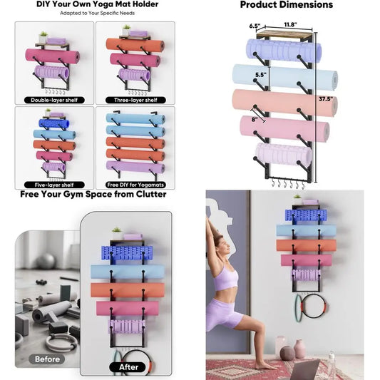 Wall Mounted Yoga Mat Holder With Floating Shelf For Home Gym