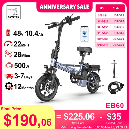 AOVOPRO EB60 Foldable Dual Seat Electric Bike For Adults