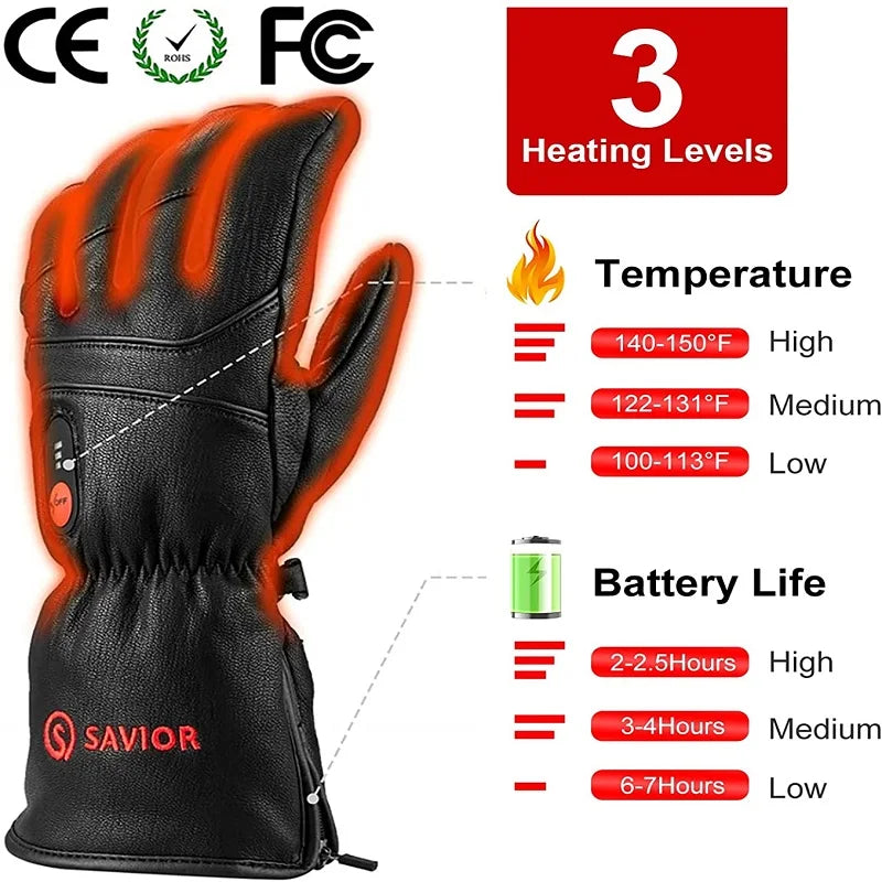 Savior Heat Full Leather Electric Heated Gloves With Battery Pack