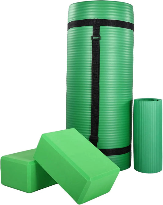 Extra Thick Yoga Mat Set With Knee Pad Blocks NonSkid