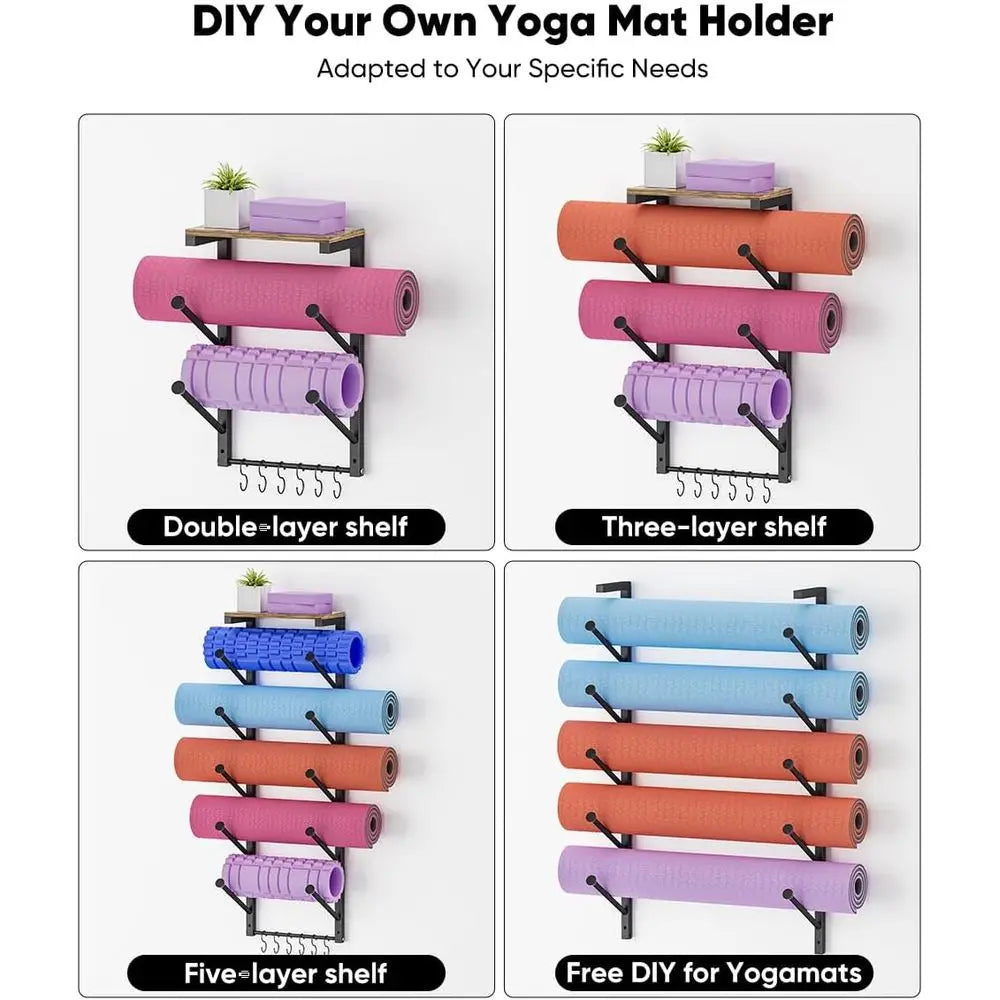 Wall Mounted Yoga Mat Holder With Floating Shelf For Home Gym