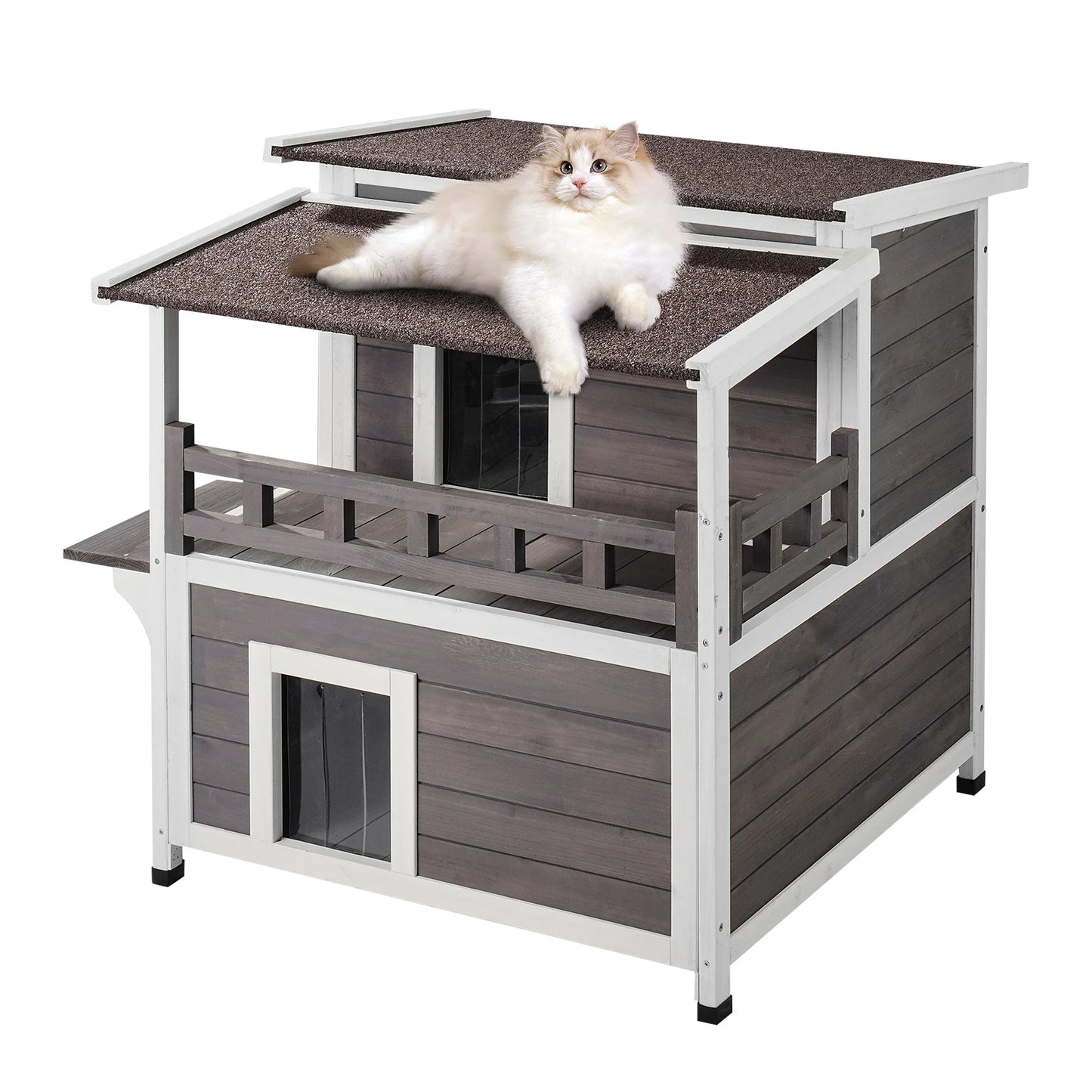SucceBuy Outdoor Cat House Weatherproof Feral Cat Shelter With Balcony Open Roof