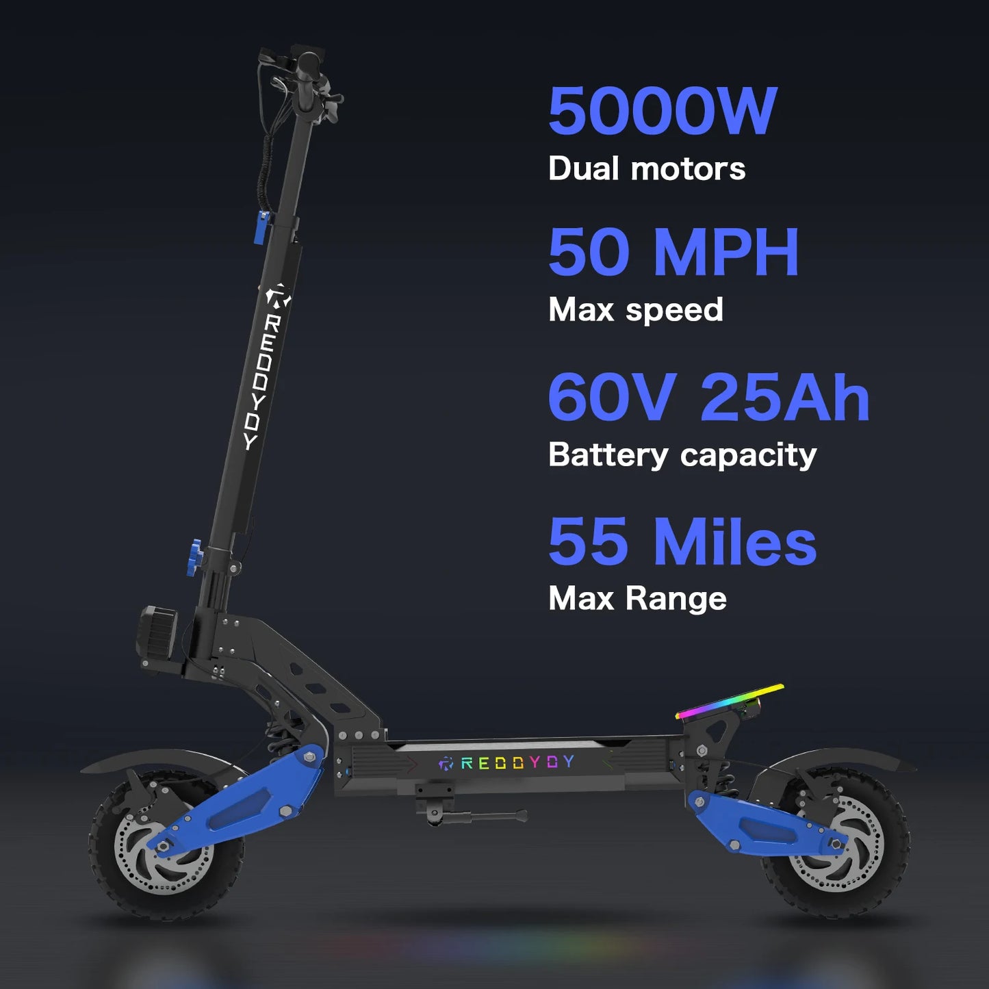 RD2 Adult Electric Offroad Scooter, 50 MPH Max speed 60V 25Ah, 55-Mile Long Range 10.5" Off-Road Tires, folk smart APP control