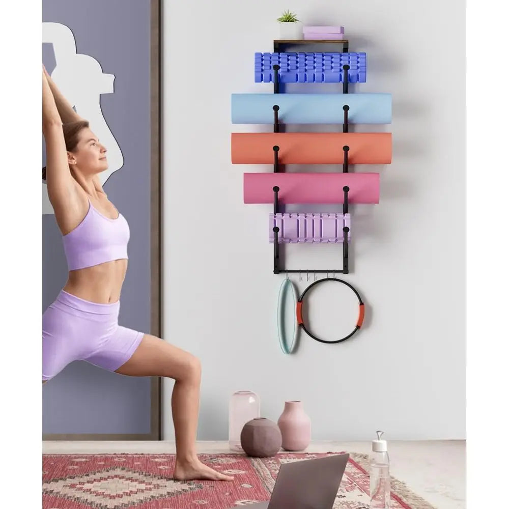 Wall Mounted Yoga Mat Holder With Floating Shelf For Home Gym