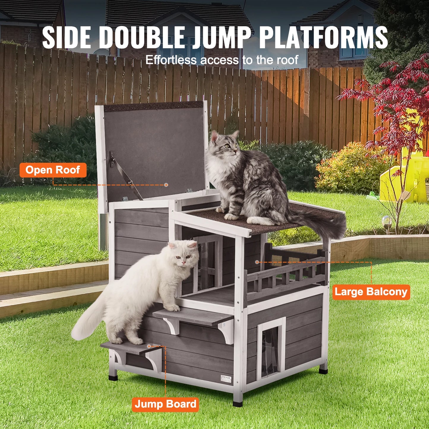 SucceBuy Outdoor Cat House Weatherproof Feral Cat Shelter With Balcony Open Roof