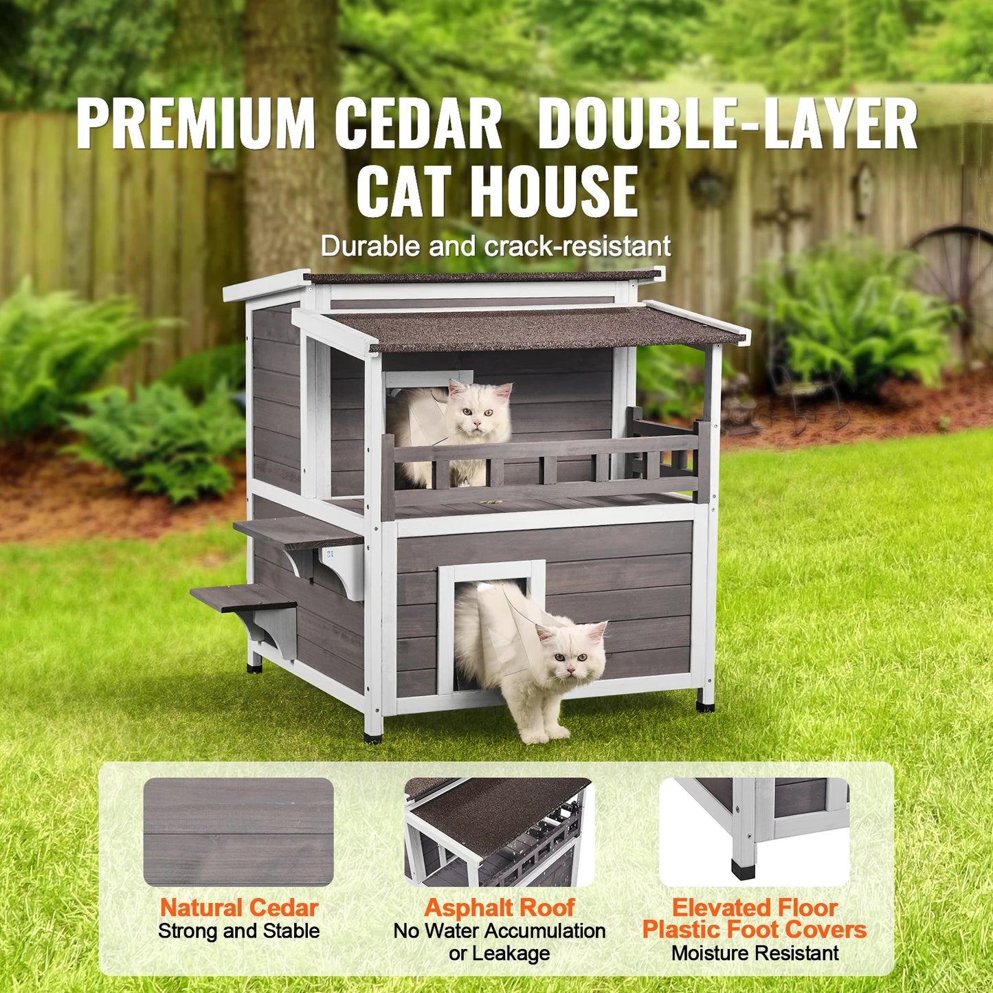 SucceBuy Outdoor Cat House Weatherproof Feral Cat Shelter With Balcony Open Roof