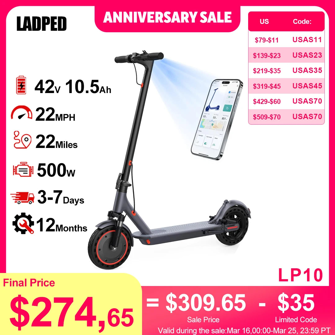 Ladped LP10 Electric Scooter 500W 22MPH Folding With App Control