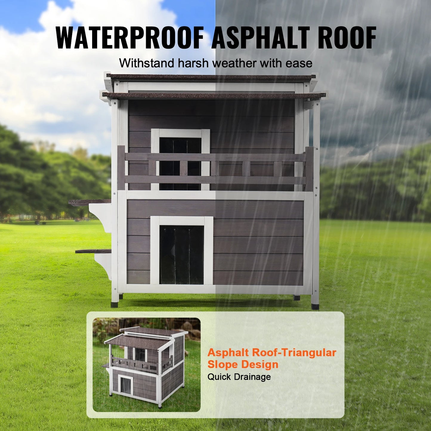SucceBuy Outdoor Cat House Weatherproof Feral Cat Shelter With Balcony Open Roof