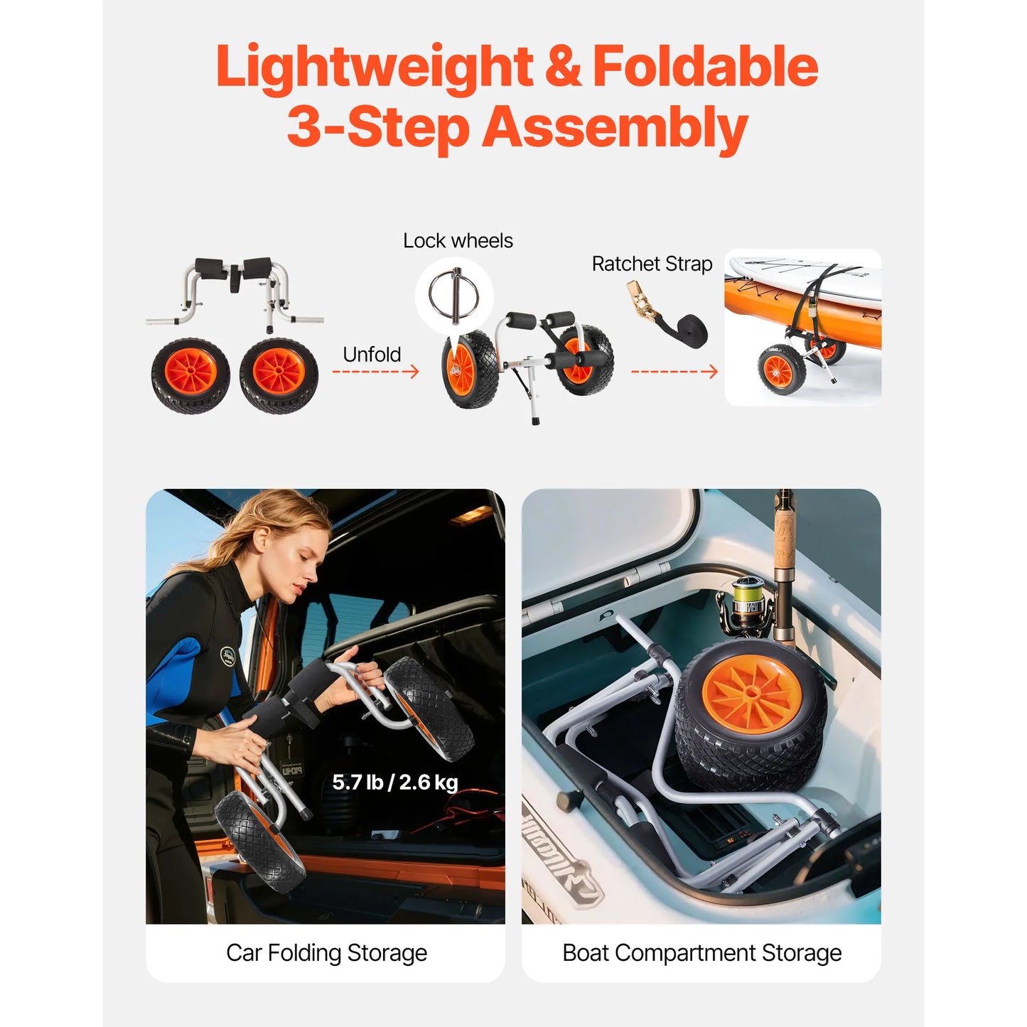 SucceBuy Folding Kayak Cart 200 Lb Capacity With 10in Wheels