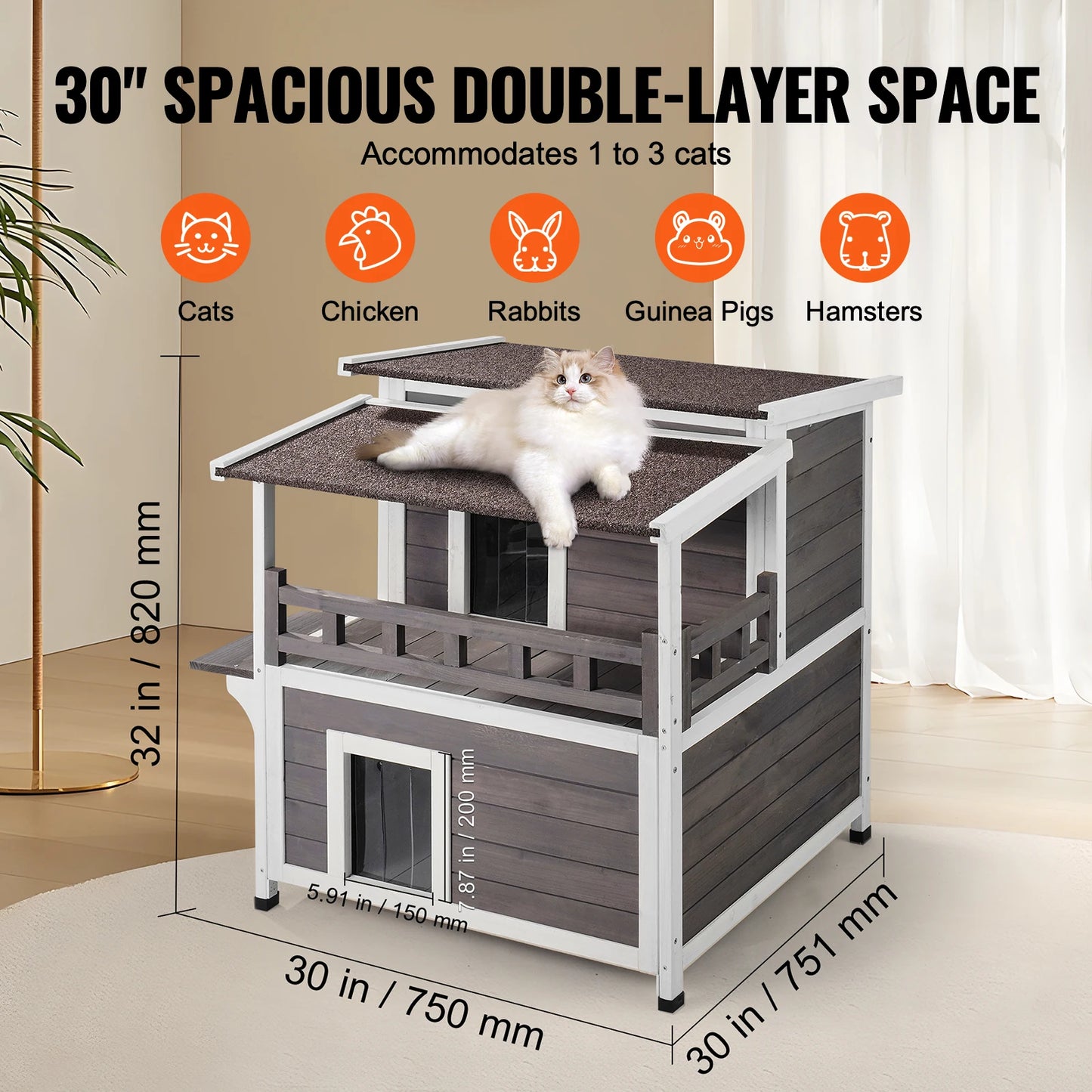 SucceBuy Outdoor Cat House Weatherproof Shelter With Balcony