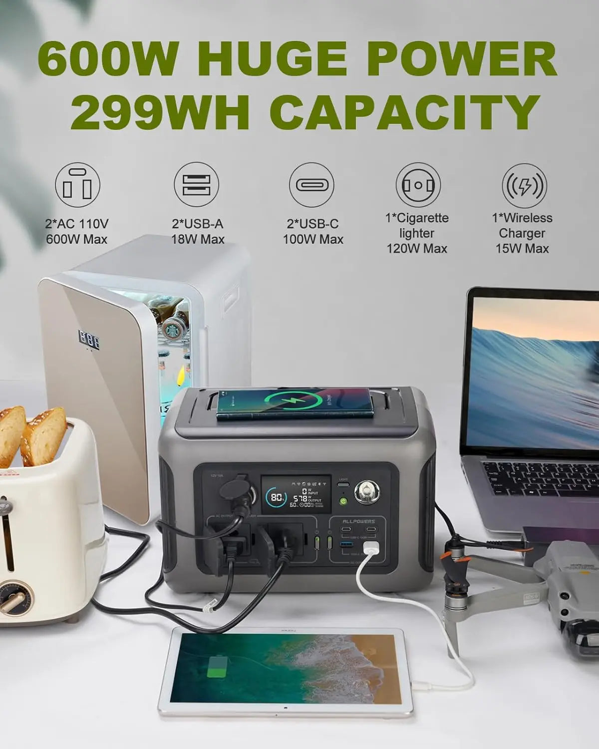 ALLPOWERS R600 Portable Power Station 299Wh LiFeP04 Battery 2x 600W Outlets