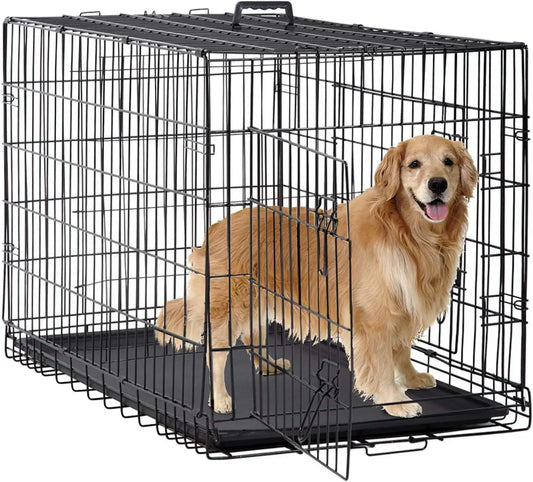 Dog Crate Folding Metal Kennel With Double Doors Leakproof Tray