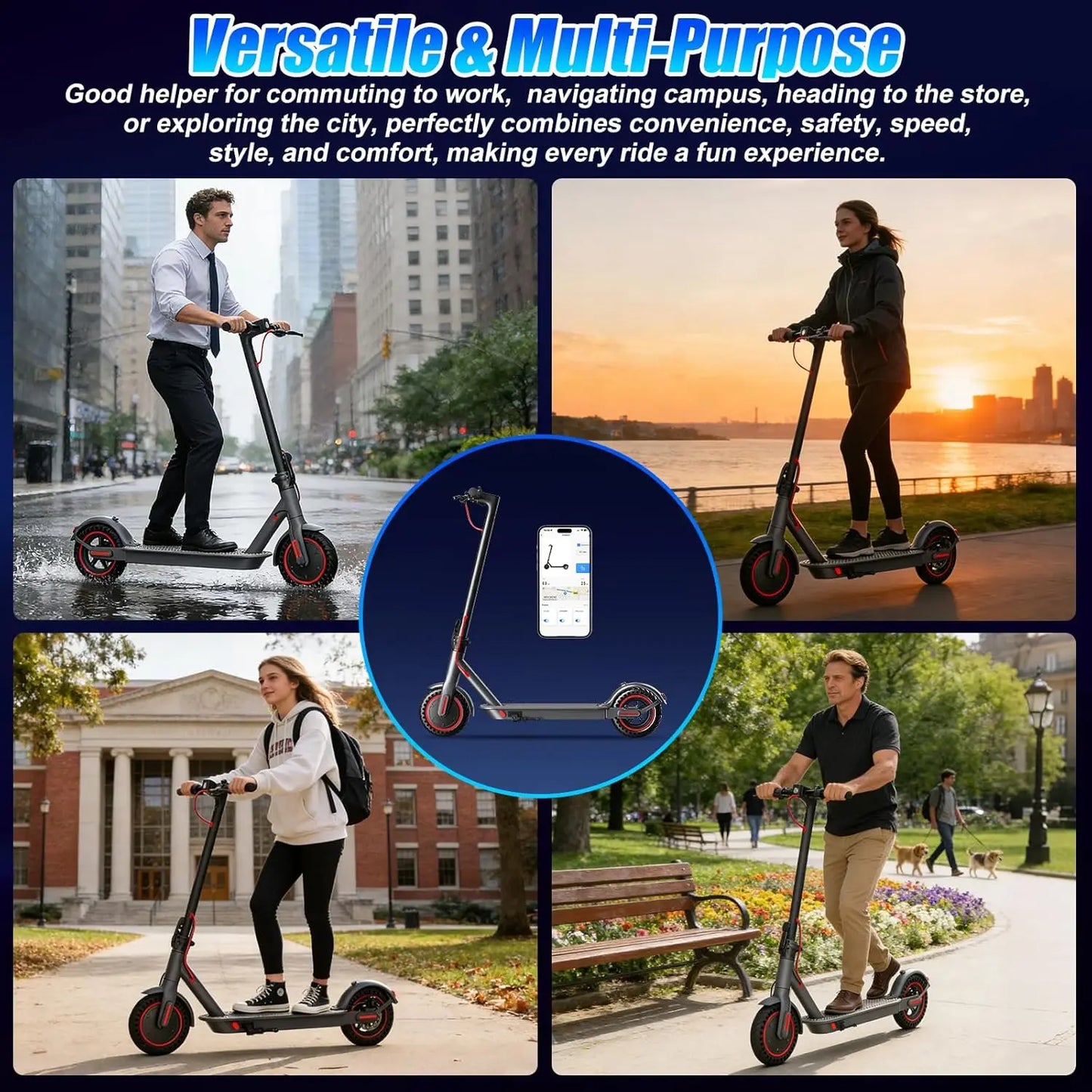 350W Motor Folding Electric Scooter For Adults 36V 5.2AH Battery Rang 8.5'' Solid Tire 18MPH 15Miles Long Range APP Control