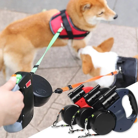 3 In 1 Retractable Dog Leash With Flashlight Poop Bag Dispenser Reflective