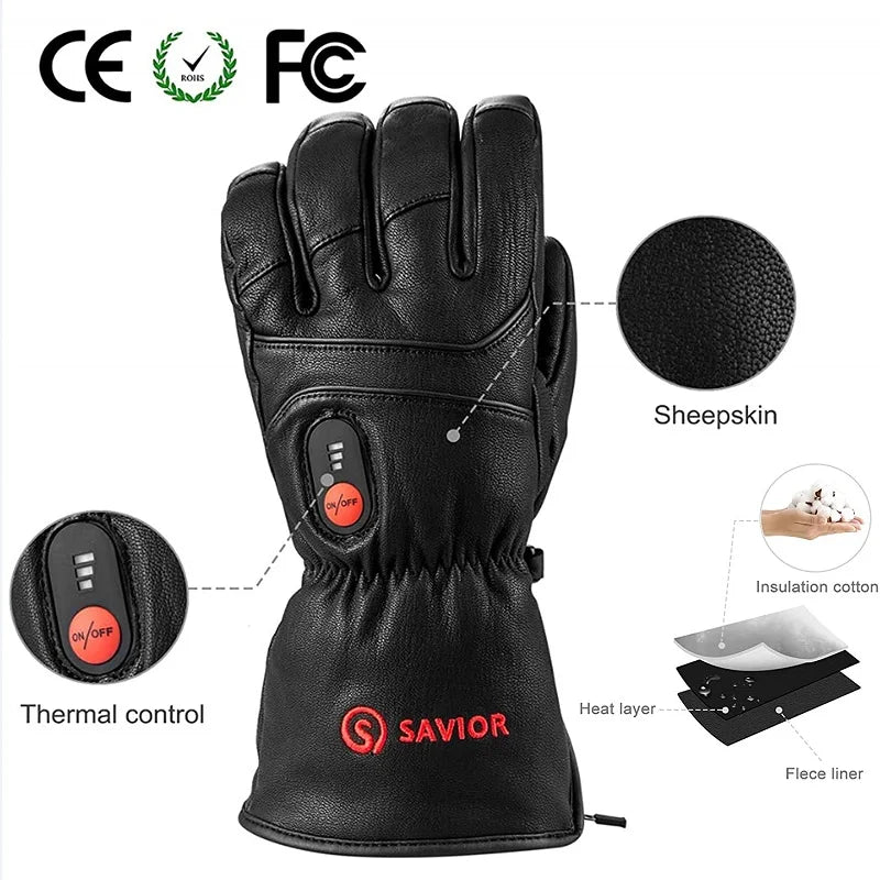 Savior Heat Full Leather Electric Heated Gloves With Battery Pack
