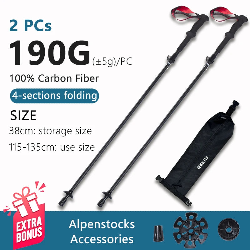 OKHEALING Ultralight Carbon Fiber Trekking Poles Folding Telescopic