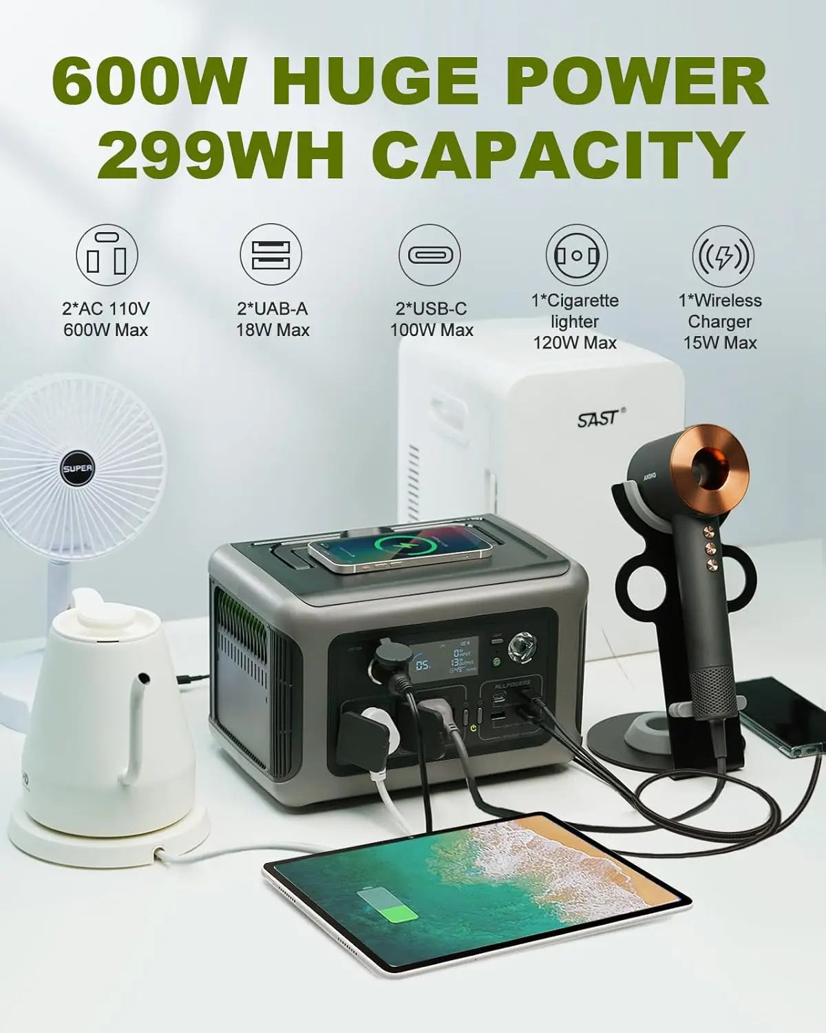 ALLPOWERS R600 Portable Power Station 299Wh LiFeP04 Battery 2x 600W Outlets