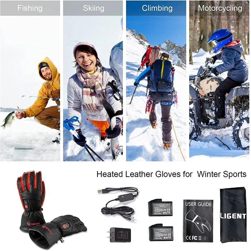 Savior Heat Full Leather Electric Heated Gloves With Battery Pack