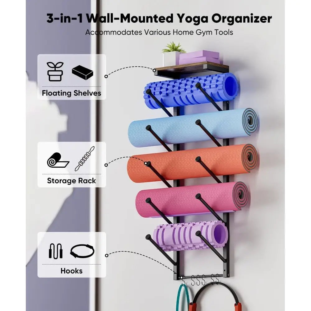 Wall Mounted Yoga Mat Holder With Floating Shelf For Home Gym